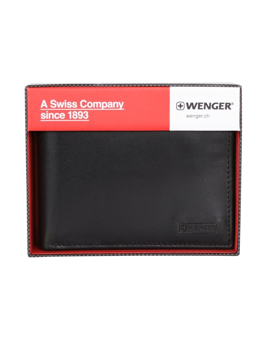 Front view of black Swiss Gear RFID Billfold Men's Wallet with Removeable Top Wing, placed inside  packaging.