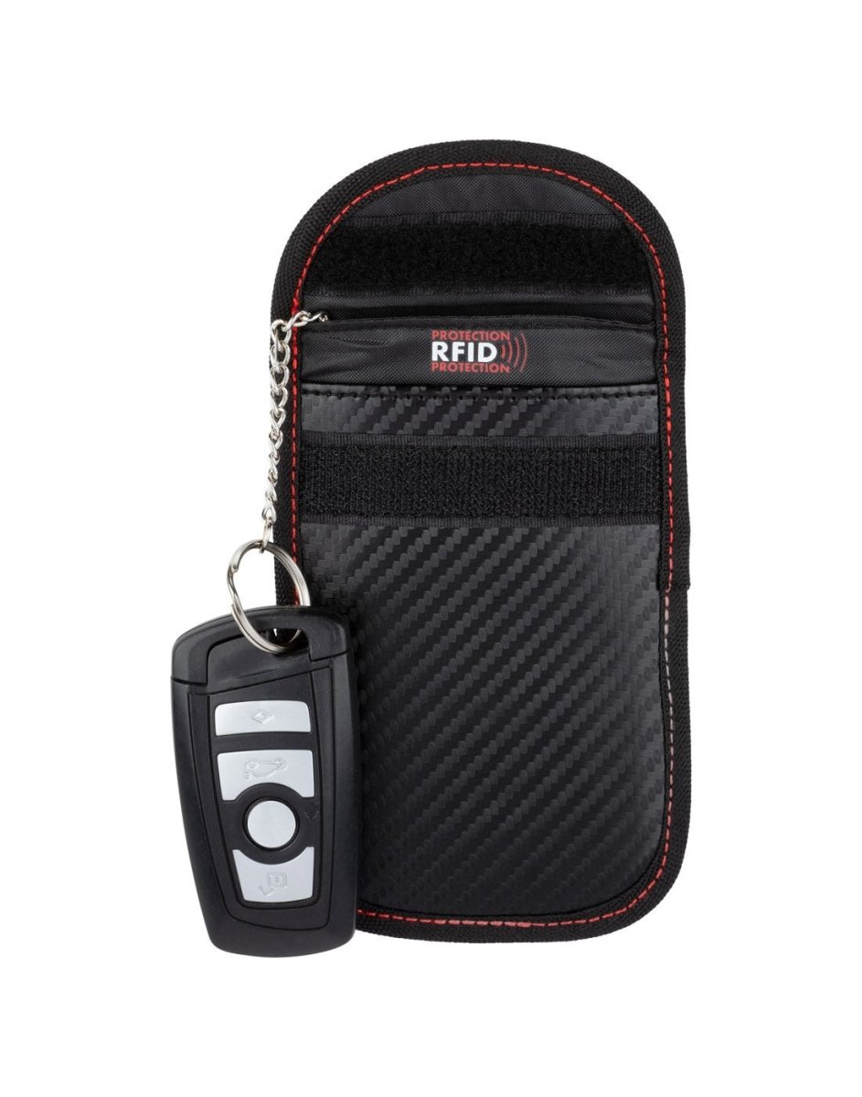 Swiss Gear RFID Car Key Signal Blocker, black, open with key fob attached to inside key ring on chain