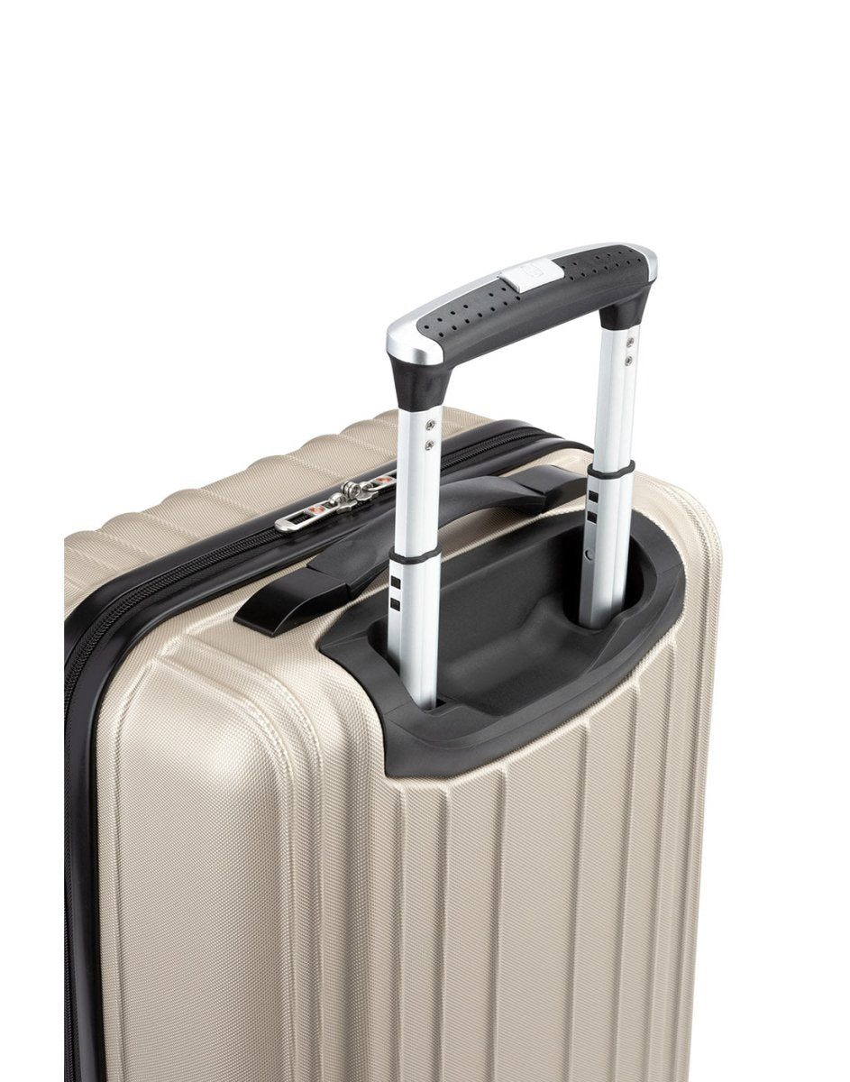 Swiss Gear Sion 19" Hardside Carry-on Spinner, champagne, top back view with telescopic handle extended