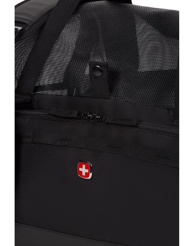 Close up of front zippered pocket and Swiss Gear logo