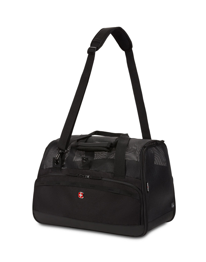 Swiss Gear Underseat Premium Pet Carrier, black, front angled view with shoulder strap fully extended