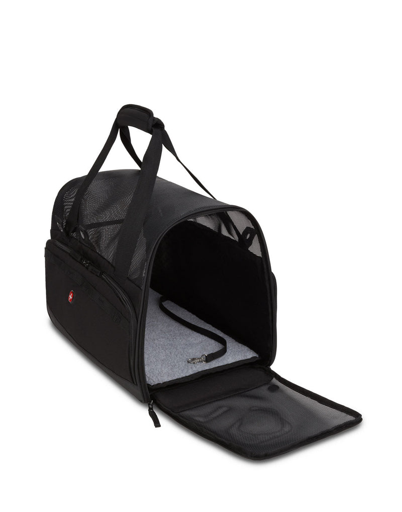 Swiss Gear Underseat Premium Pet Carrier, side angled view with side panel unzipped to interior view