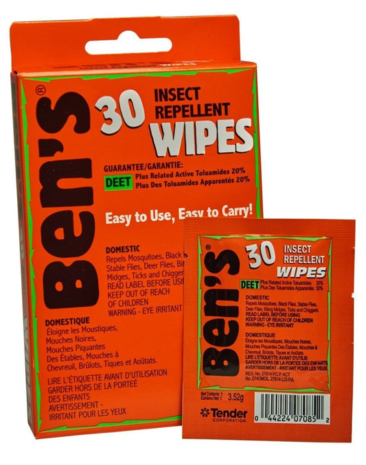 Product Image – Ben's 30 tick & insect repellent wipes packaged front view