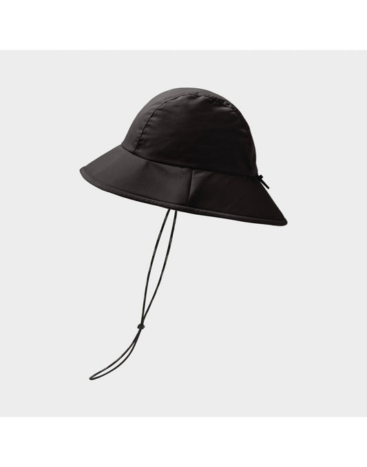 Product Image – Tilley Storm Bucket Hat in black, side view with windcord dangling down