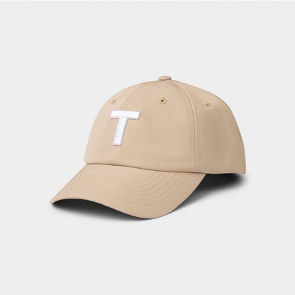 Tilley T Golf Cap in light tan with large white T on front, front angled view