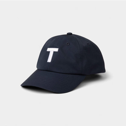 Tilley T Golf Cap in dark navy with large white T on front, front angled view