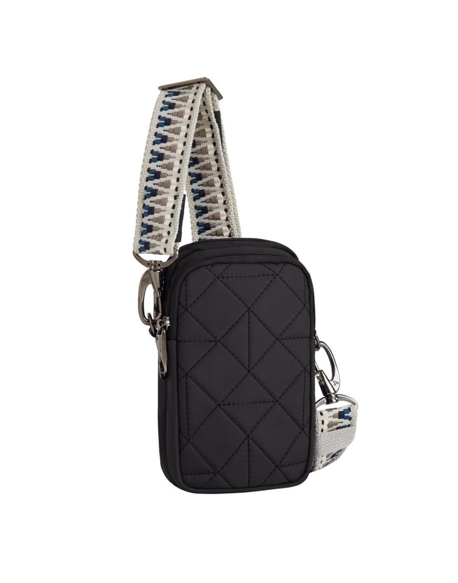 Travelon Boho Anti-Theft 2 Compartment Phone Crossbody in black, front angled view