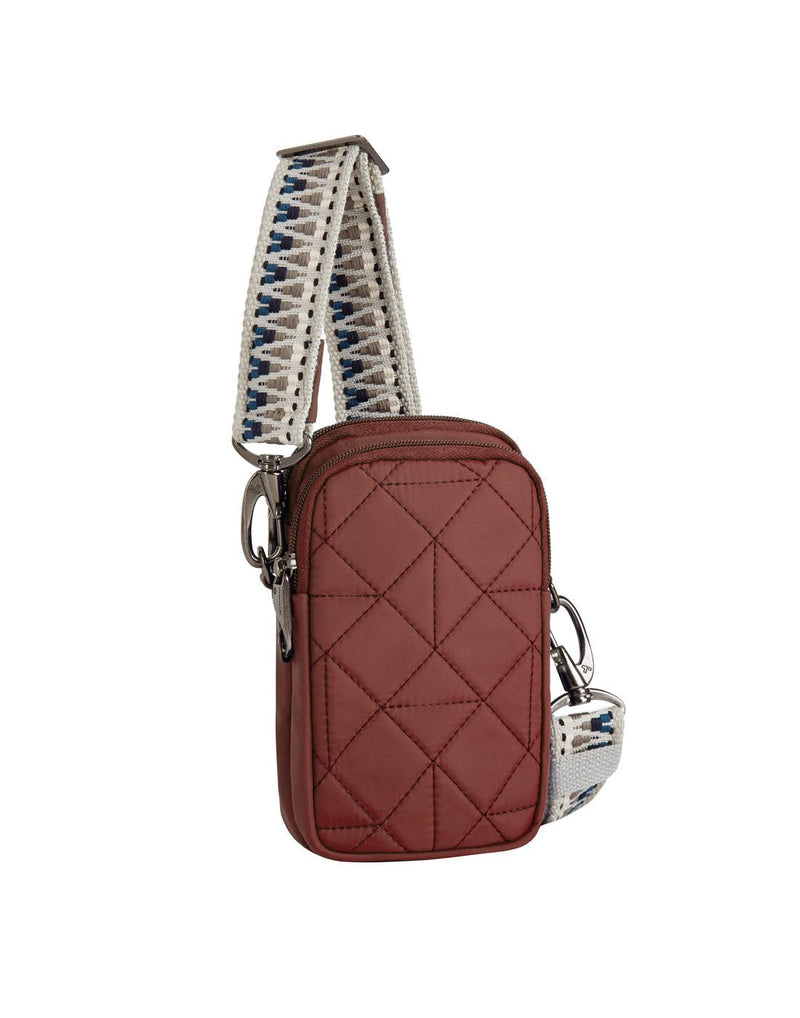 Travelon Boho Anti-Theft 2 Compartment Phone Crossbody in paprika redish brown colour, front angled view