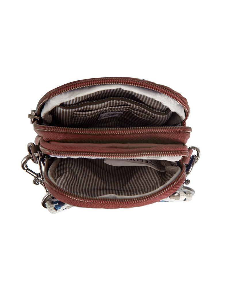 Travelon Boho Anti-Theft 2 Compartment Phone Crossbody in paprika, top view with both compartments unzipped to show interior
