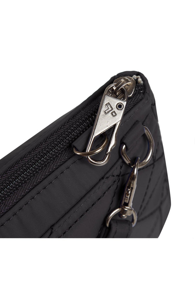 Close up of lockable zipper pull on black Travelon Boho Anti-Theft Clutch Crossbody