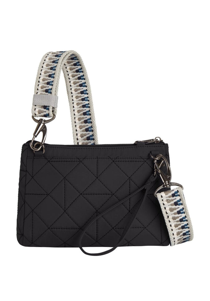 Back view of the Travelon Boho Anti-Theft Clutch Crossbody in Black, showing the removable soft webbing shoulder strap and the alternate clutch/wristlet strap.