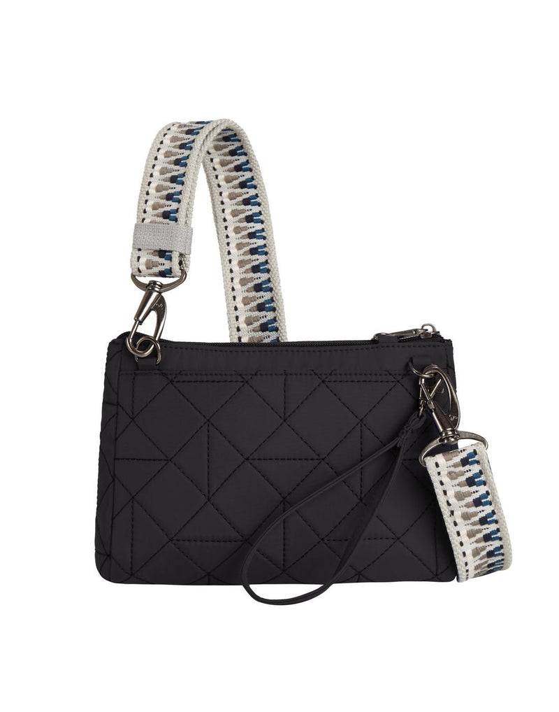 Back view of the Travelon Boho Anti-Theft Clutch Crossbody in Black, showing the removable soft webbing shoulder strap and the alternate clutch/wristlet strap.