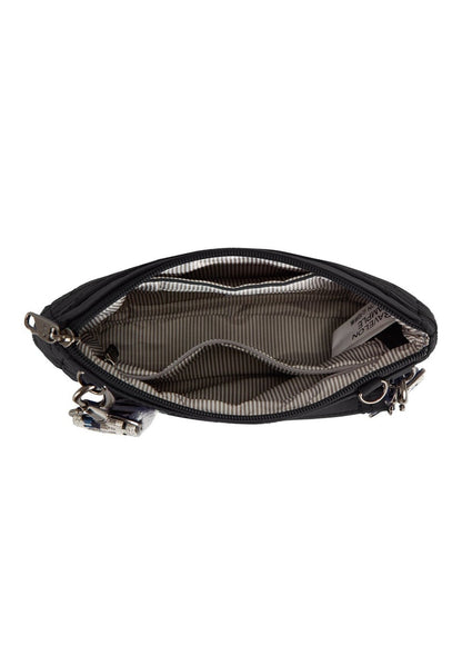 Interior view of the Travelon Boho Anti-Theft Clutch Crossbody in Black showing the interior pockets.