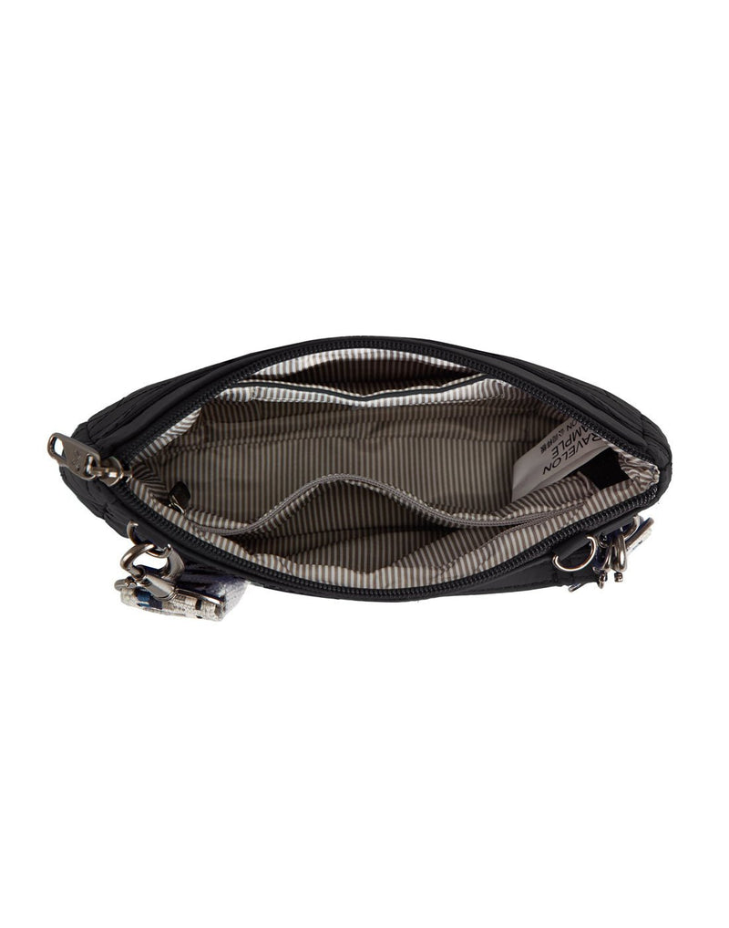 Interior view of the Travelon Boho Anti-Theft Clutch Crossbody in Black showing the interior pockets.