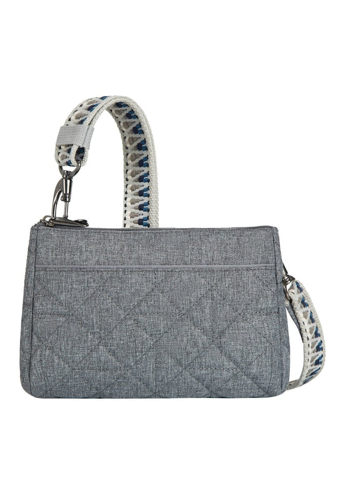 Front view of the Travelon Boho Anti-Theft Clutch Crossbody in Grey.