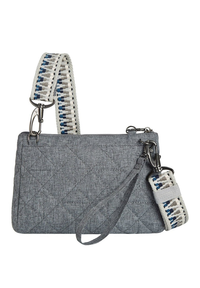 Back view of the Travelon Boho Anti-Theft Clutch Crossbody in Grey, showing the removable soft webbing shoulder strap and the alternate clutch/wristlet strap.