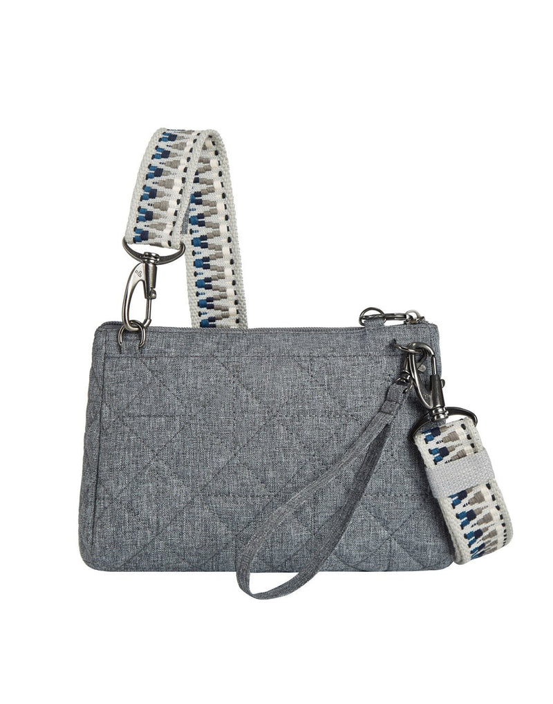 Back view of the Travelon Boho Anti-Theft Clutch Crossbody in Grey, showing the removable soft webbing shoulder strap and the alternate clutch/wristlet strap.