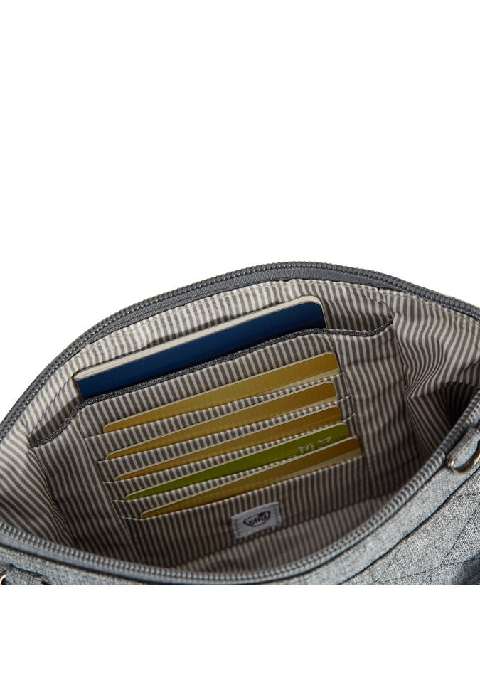 Interior view of the Travelon Boho Anti-Theft Clutch Crossbody in Grey showing the RFID blocking organizer.