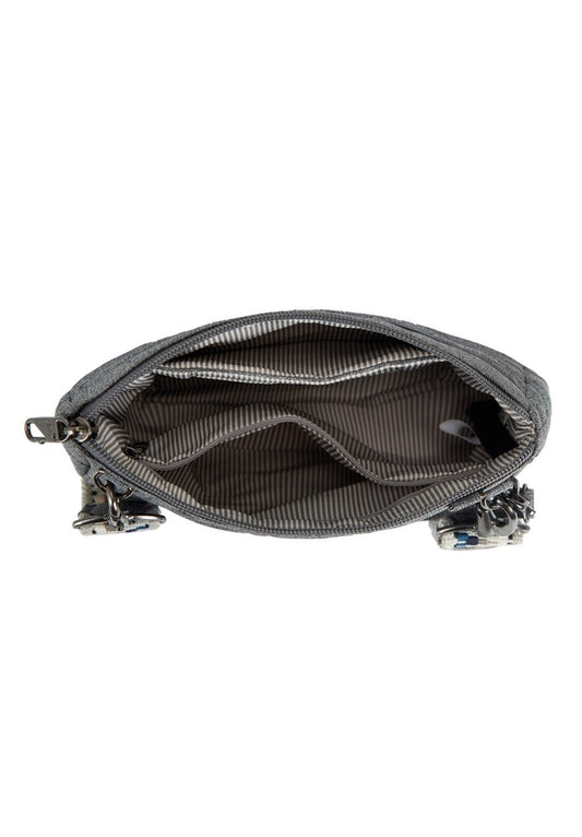 Product Image – Interior view of the Travelon Boho Anti-Theft Clutch Crossbody in Grey showing the interior pockets. 