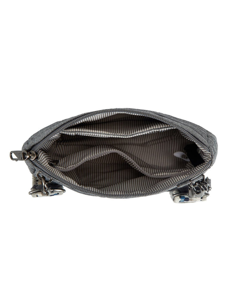 Interior view of the Travelon Boho Anti-Theft Clutch Crossbody in Grey showing the interior pockets. 