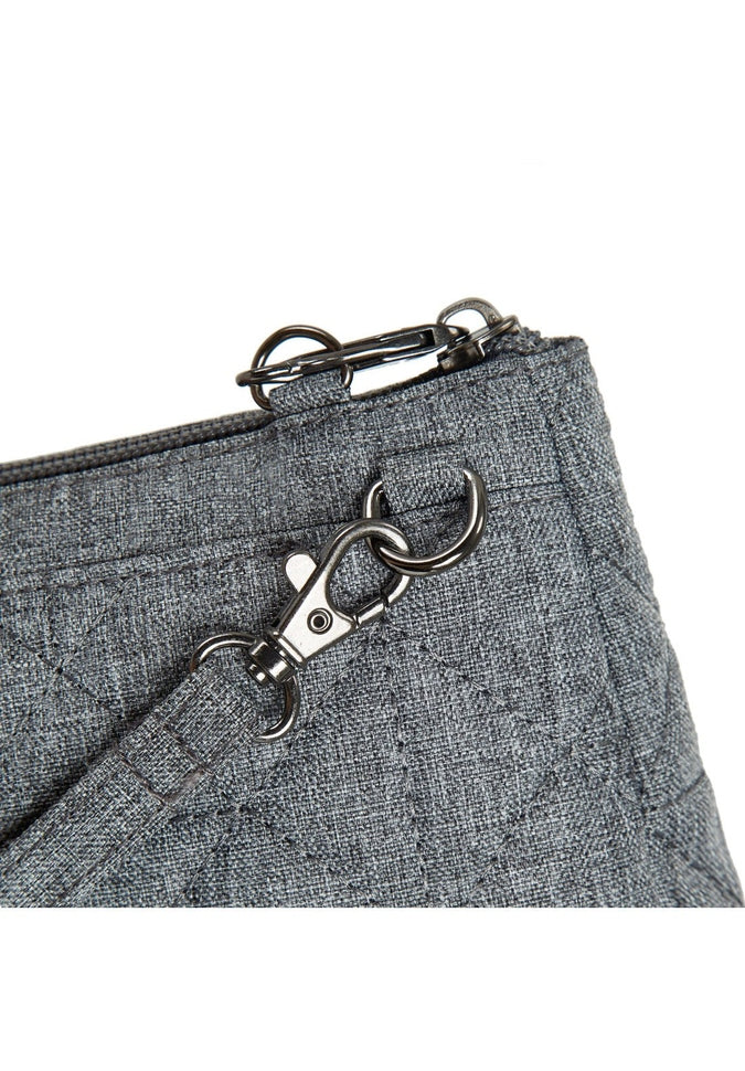 Close-up view of the lock-down strap for the Travelon Boho Anti-Theft Clutch Crossbody in Grey.