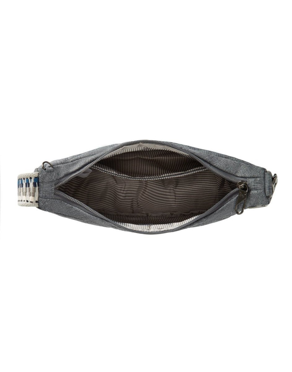 Travelon Boho Anti-Theft Crescent Crossbody in grey, top view unzipped to show interior