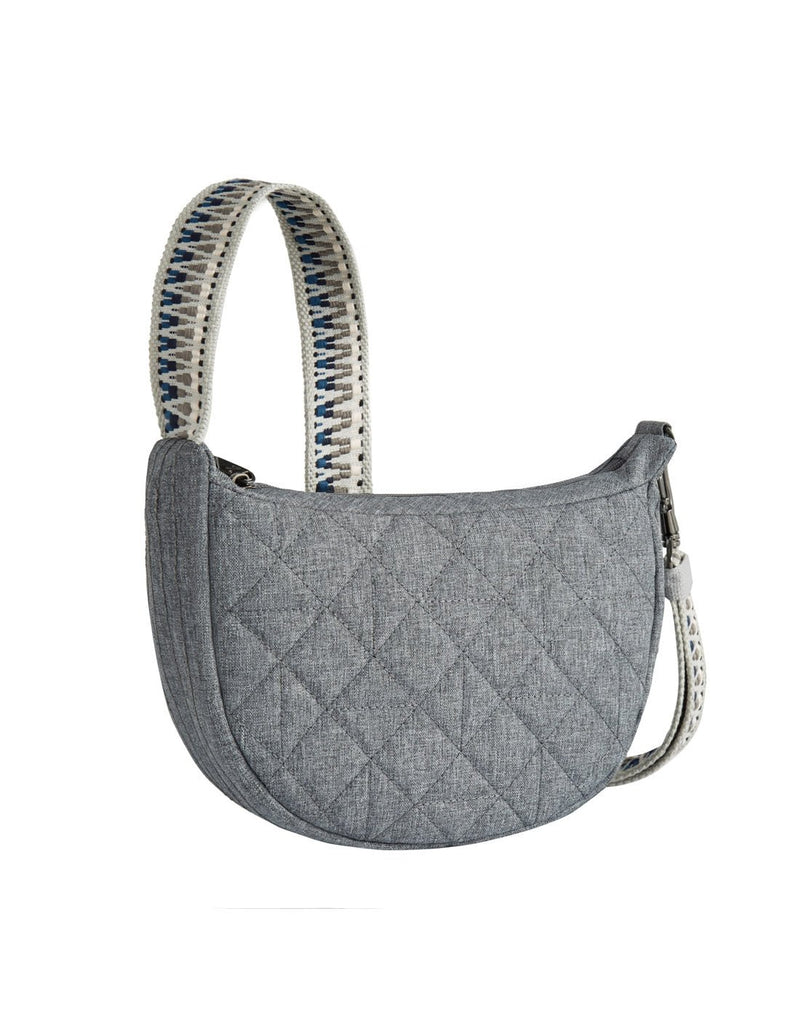 Travelon Boho Anti-Theft Crescent Crossbody in grey with tan, black and blue guitar strap style crossbody strap, front angled view