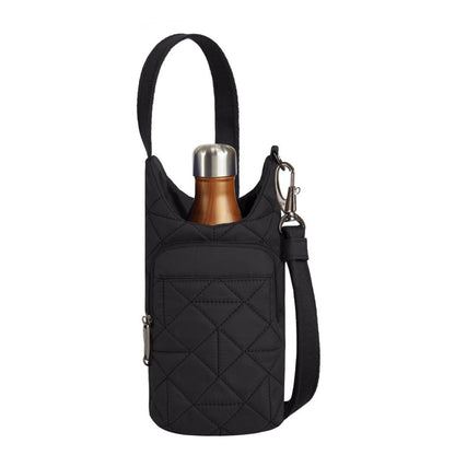 Travelon Boho Anti-Theft Insulated Water Bottle Tote in black, front view with copper water bottle inside