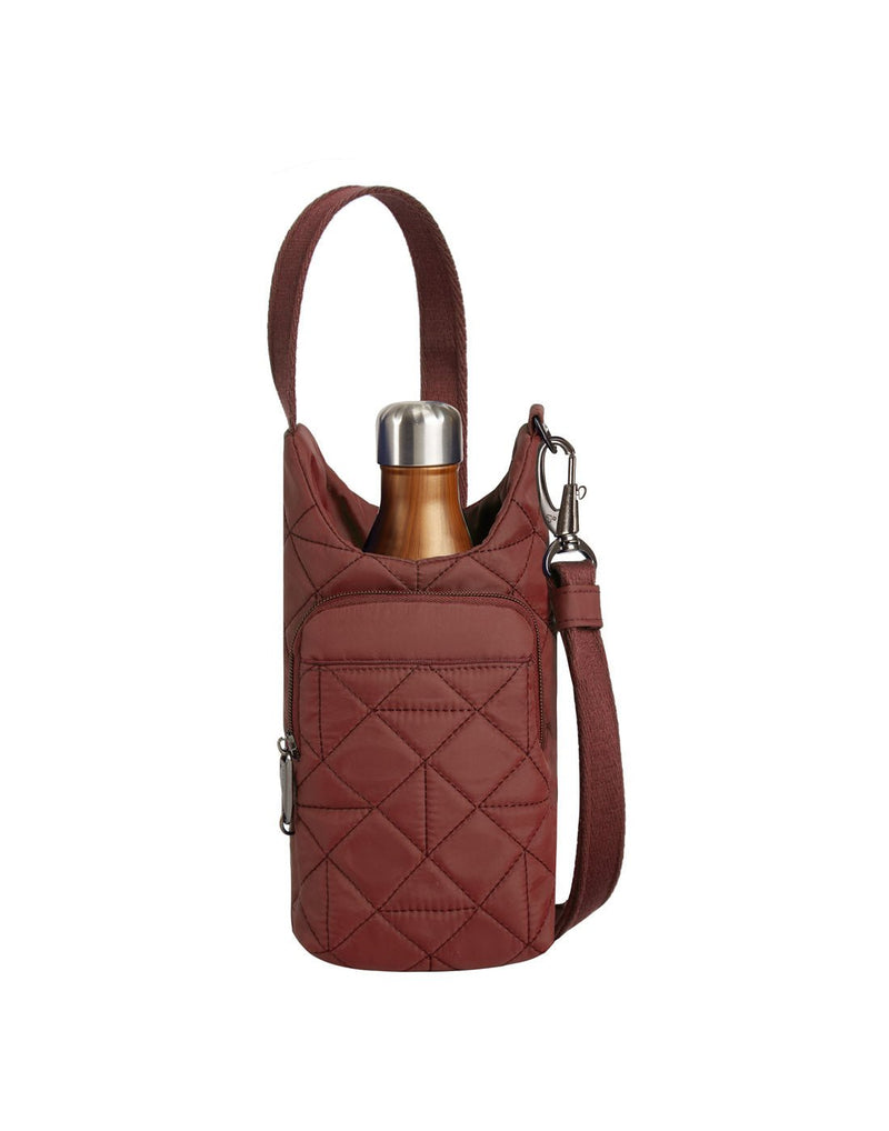 Travelon Boho Anti-Theft Insulated Water Bottle Tote in paprika redish brown colour, front view with copper water bottle inside