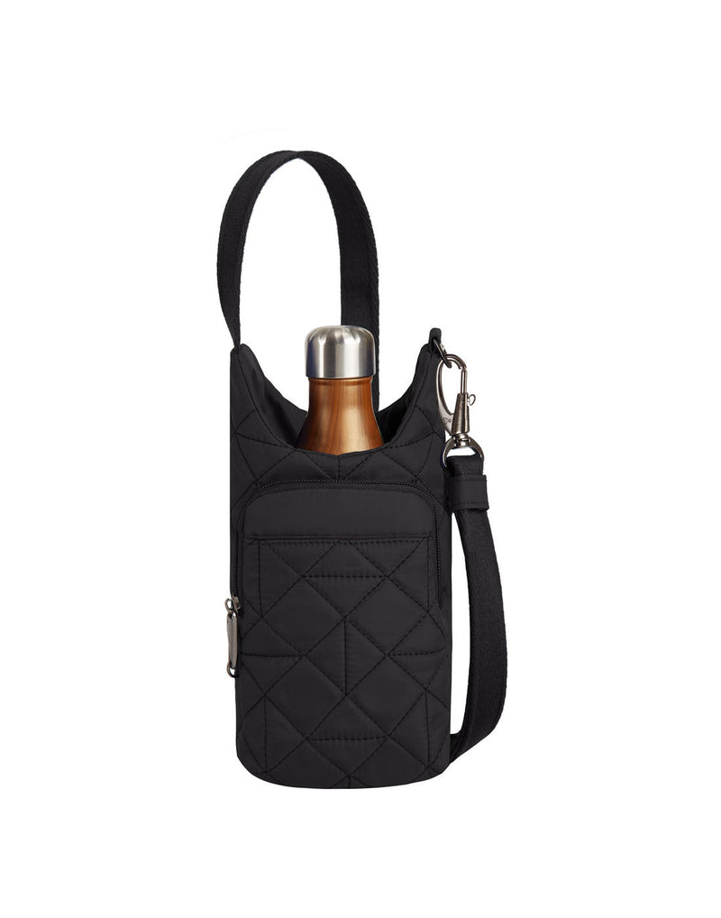Travelon Boho Anti-Theft Insulated Water Bottle Tote in black, front view with copper water bottle inside