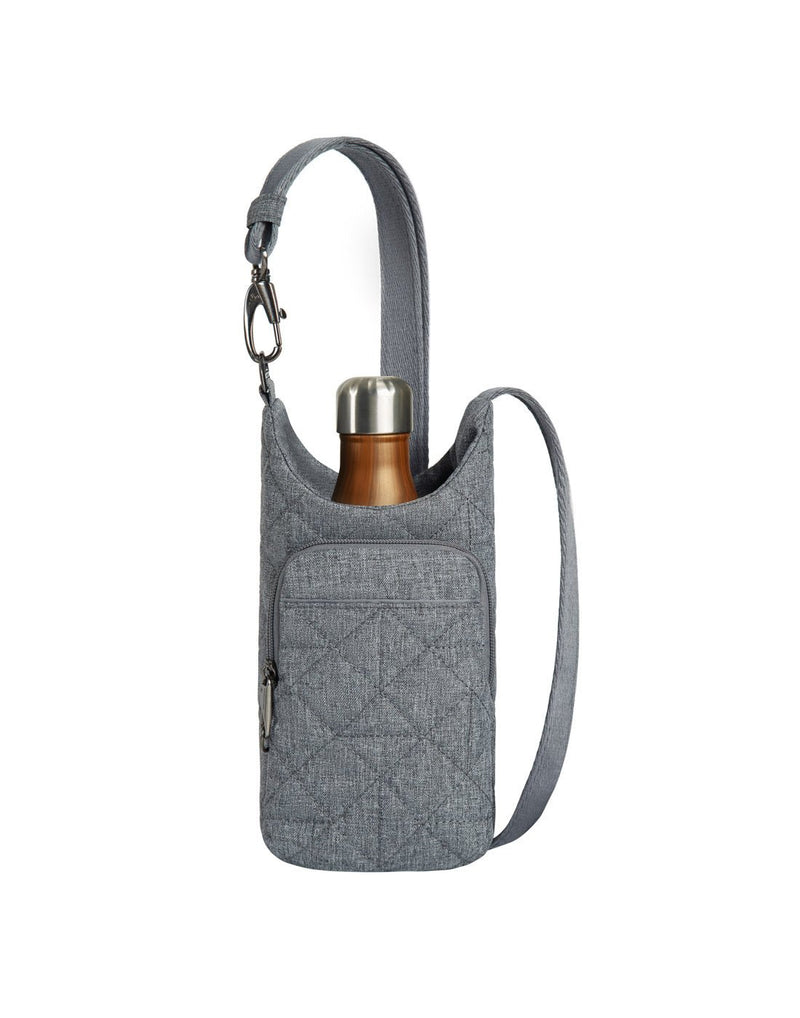 Travelon Boho Anti-Theft Insulated Water Bottle Tote in grey, front view with copper water bottle inside