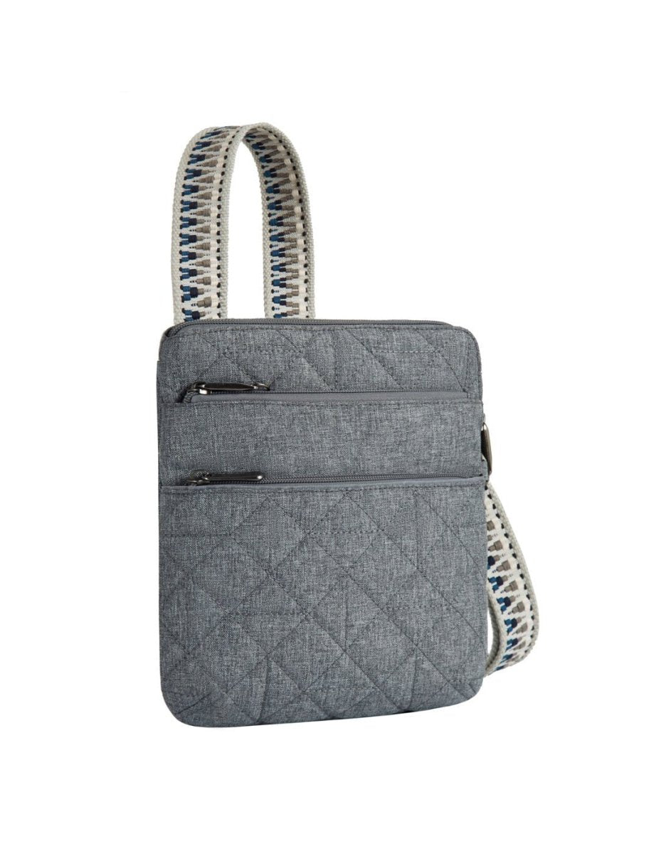 Front view of the Travelon Boho Anti-Theft Slim Crossbody in Grey.