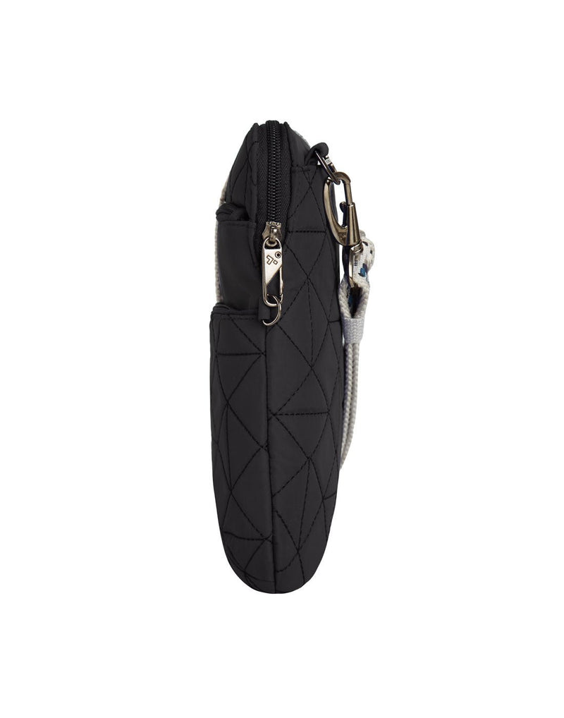 Side view of the Travelon Boho Anti-Theft Slim Crossbody in Black showing the exterior security zipper and strap.
