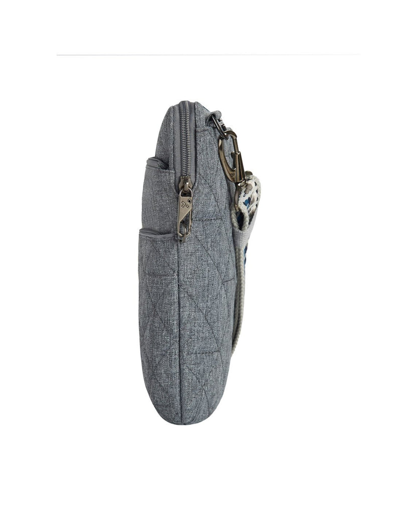 Side view of the Travelon Boho Anti-Theft Slim Crossbody in grey showing the exterior security zipper and strap.