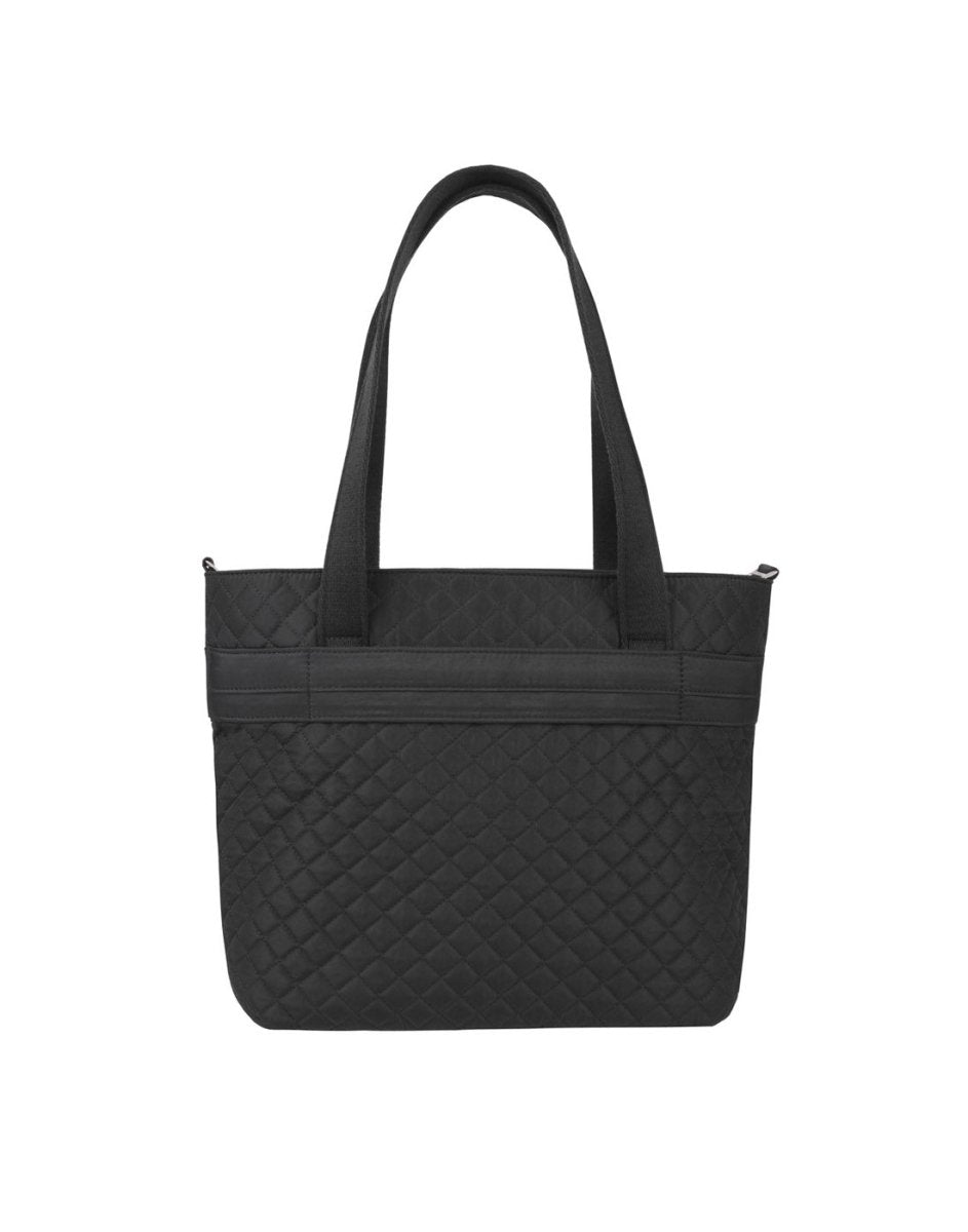 Back of the Travelon Boho Anti-Theft Tote in Black showing the rear pass through strap for sliding over wheeled luggage handles.