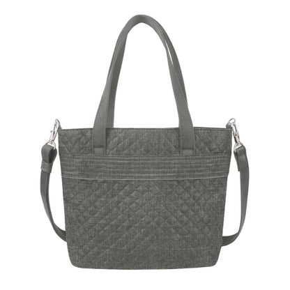 Front of the Travelon Boho Anti-Theft Tote in Grey Heather, showing the carry handles and detachable shoulder strap.