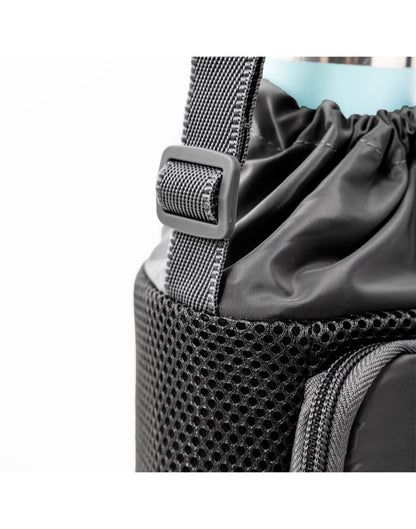 Close-up view of adjustable crossbody strap on black Travelon Pi Gogo Insulated Water Bottle Tote.