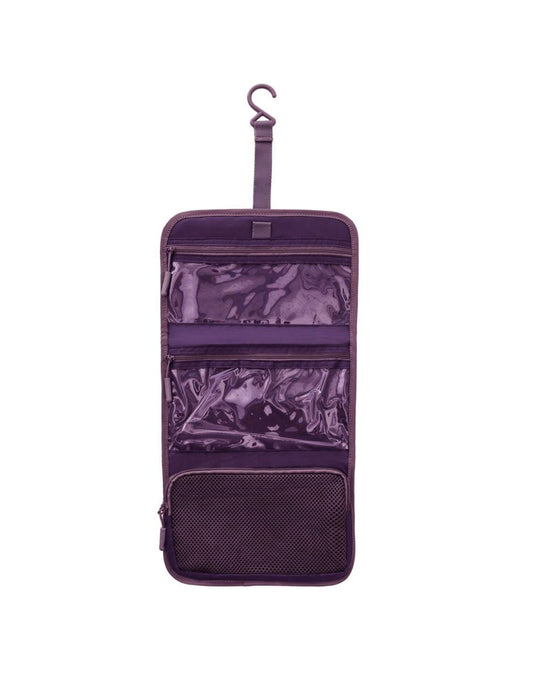 Product Image – Front view of blackberry Travelon Pi Shine on Toiletry Case, unfolded to show 3 roomy zippered compartments.