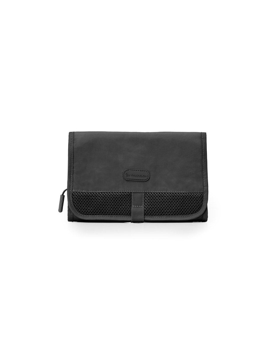 Front view of folded Travelon Pi Shine on Toiletry Case in black.