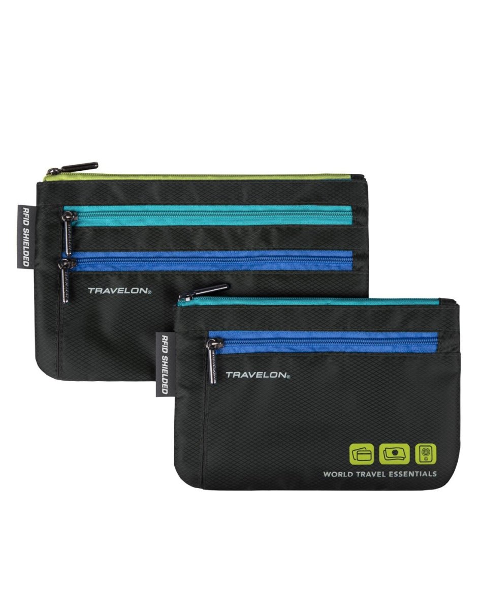 Travelon World Travel Essentials Set of 2 Currency & Passport Organizers in black, front view.