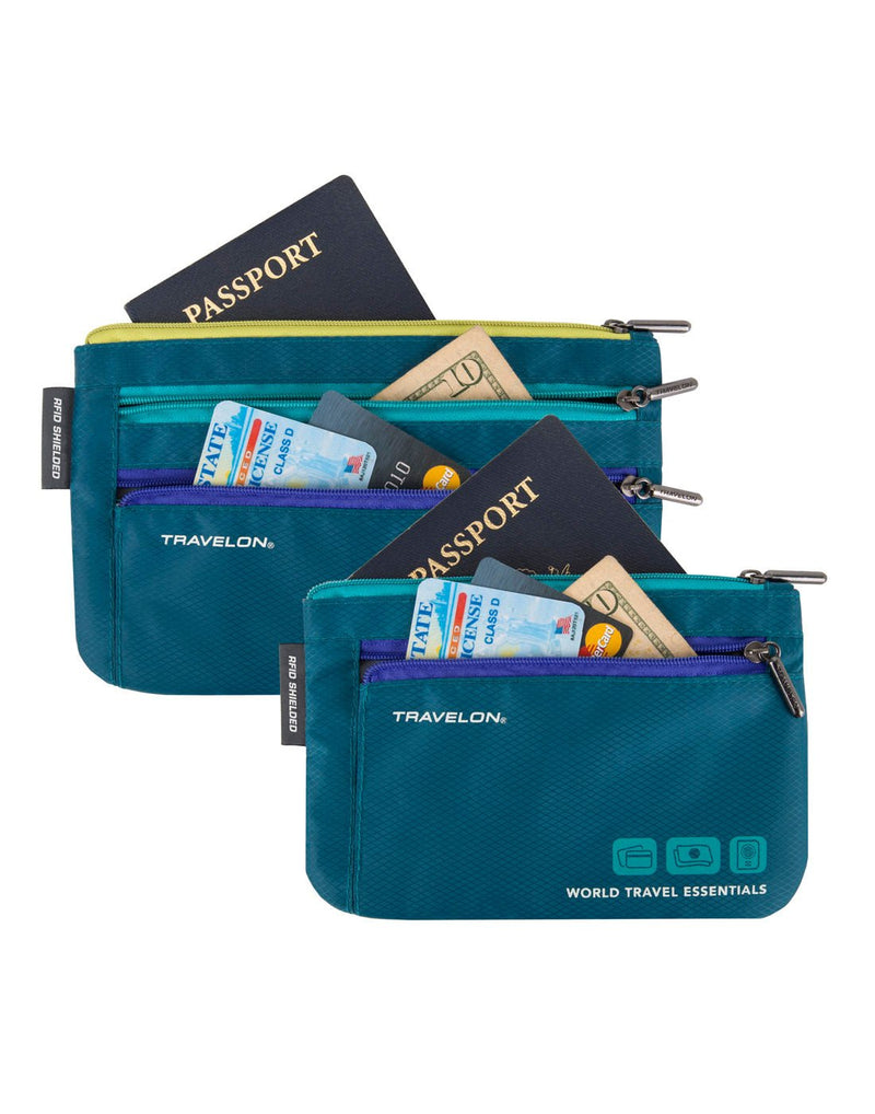Front view of Travelon World Travel Essentials Set of 2 Currency & Passport Organizers in peacock teal, , unzipped holding cash, credit cards and passports.