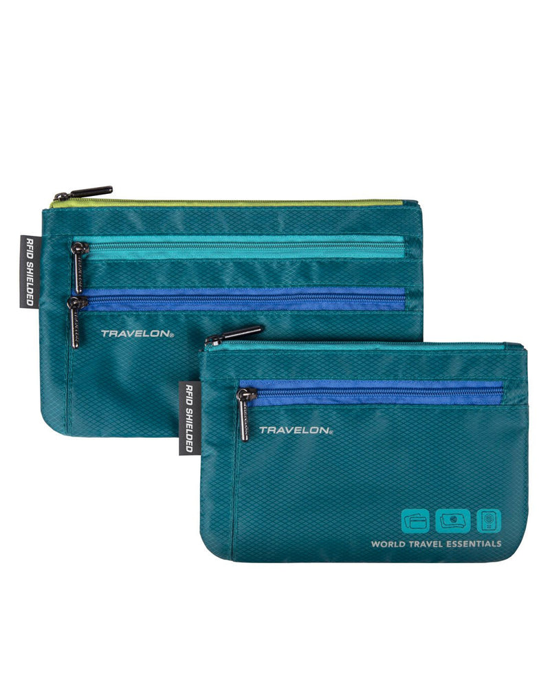 Travelon World Travel Essentials Set of 2 Currency & Passport Organizers in peacock teal, front view.