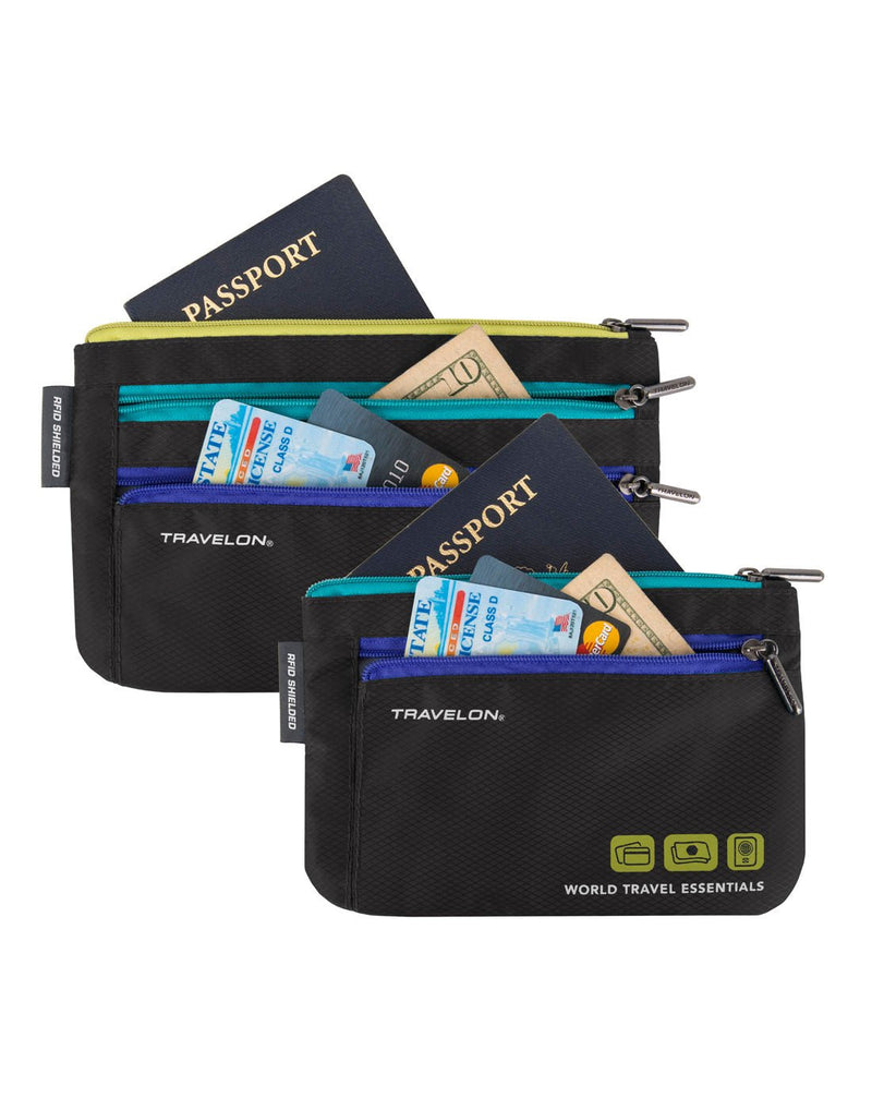 Front view of Travelon World Travel Essentials Set of 2 Currency & Passport Organizers in black, unzipped holding cash, credit cards and passports.