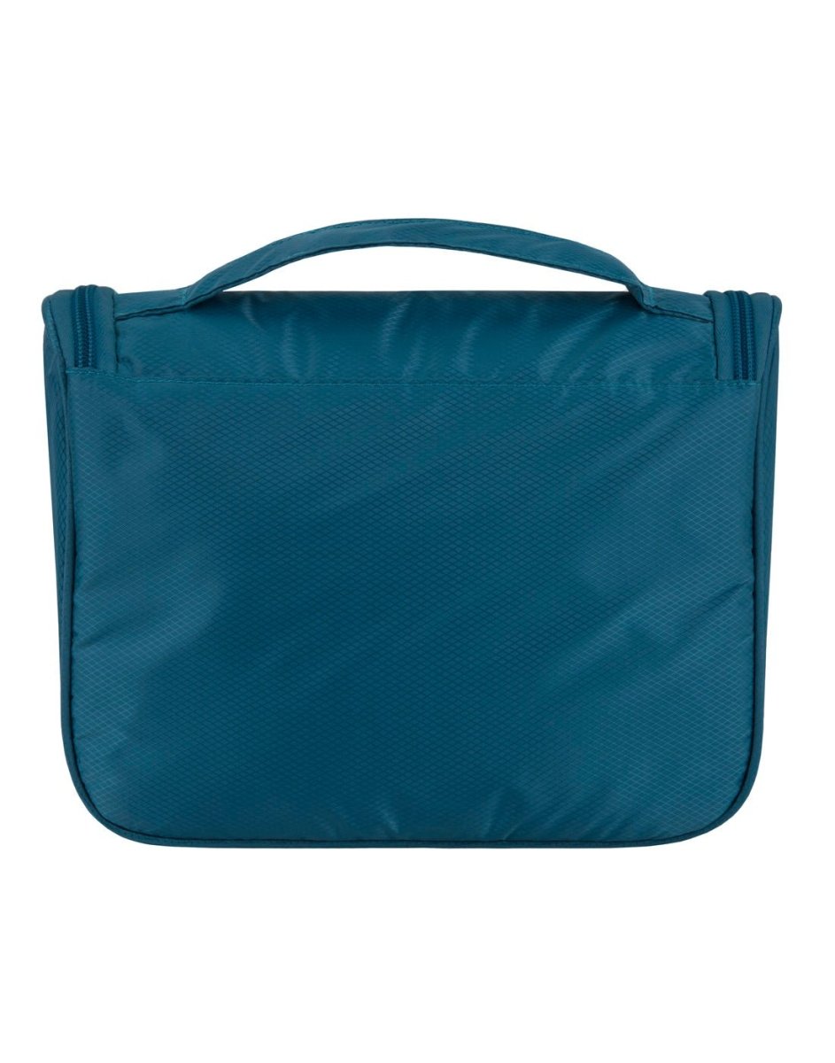 Travelon World Travel Essentials Toiletry Bag in peacock teal, back view.