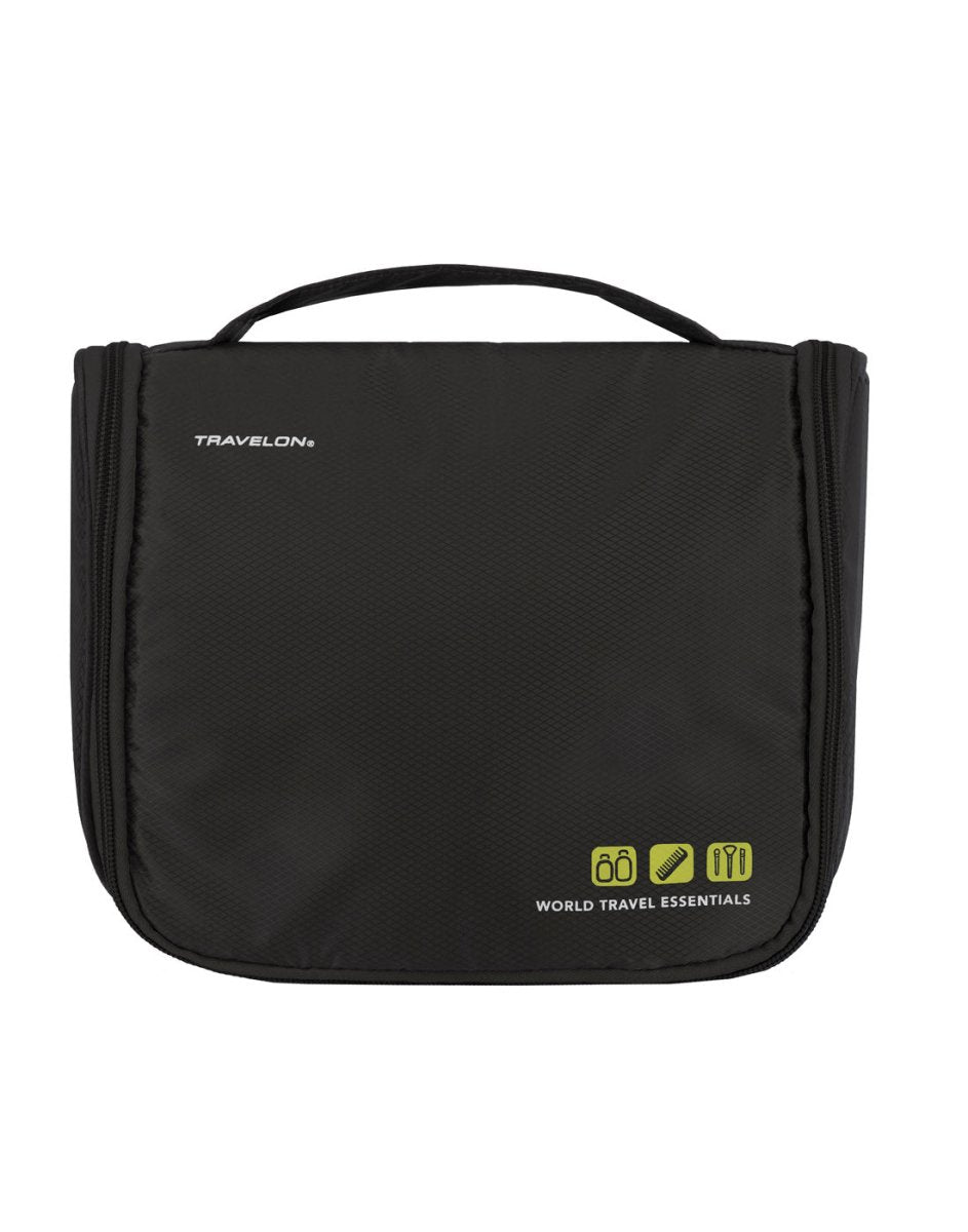 Travelon World Travel Essentials Toiletry Bag in black, front view.