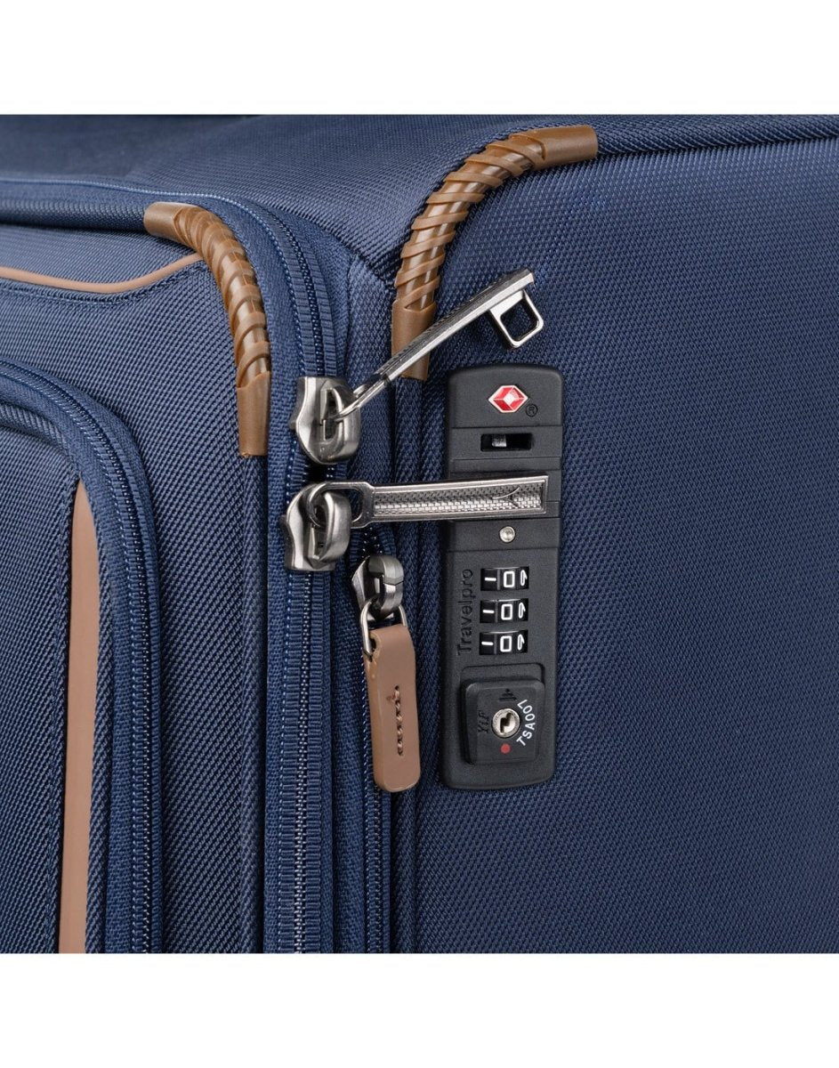 Travelpro Crew™ Classic Large Check-in Expandable Spinner in Patriot Blue. Close-up view of the TSA-approved zipper lock.