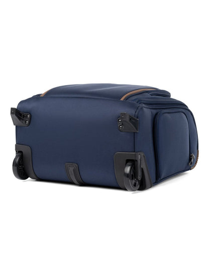 Travelpro Crew™ Classic Rolling Underseat Carry-on in Patriot Blue, bottom view showing the two hardy high-performance ball bearing wheels.