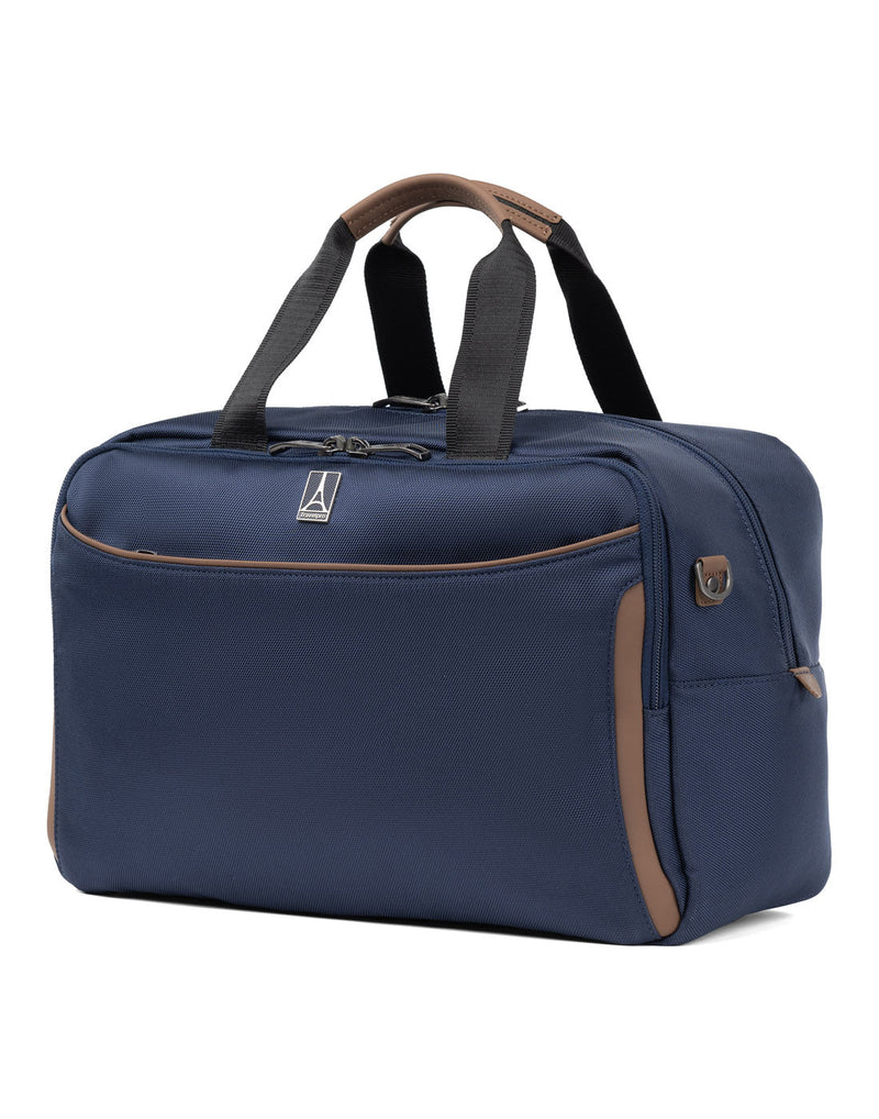 Partial left side front view of the Travelpro Crew™ Classic UnderSeat Tote in Patriot Blue.