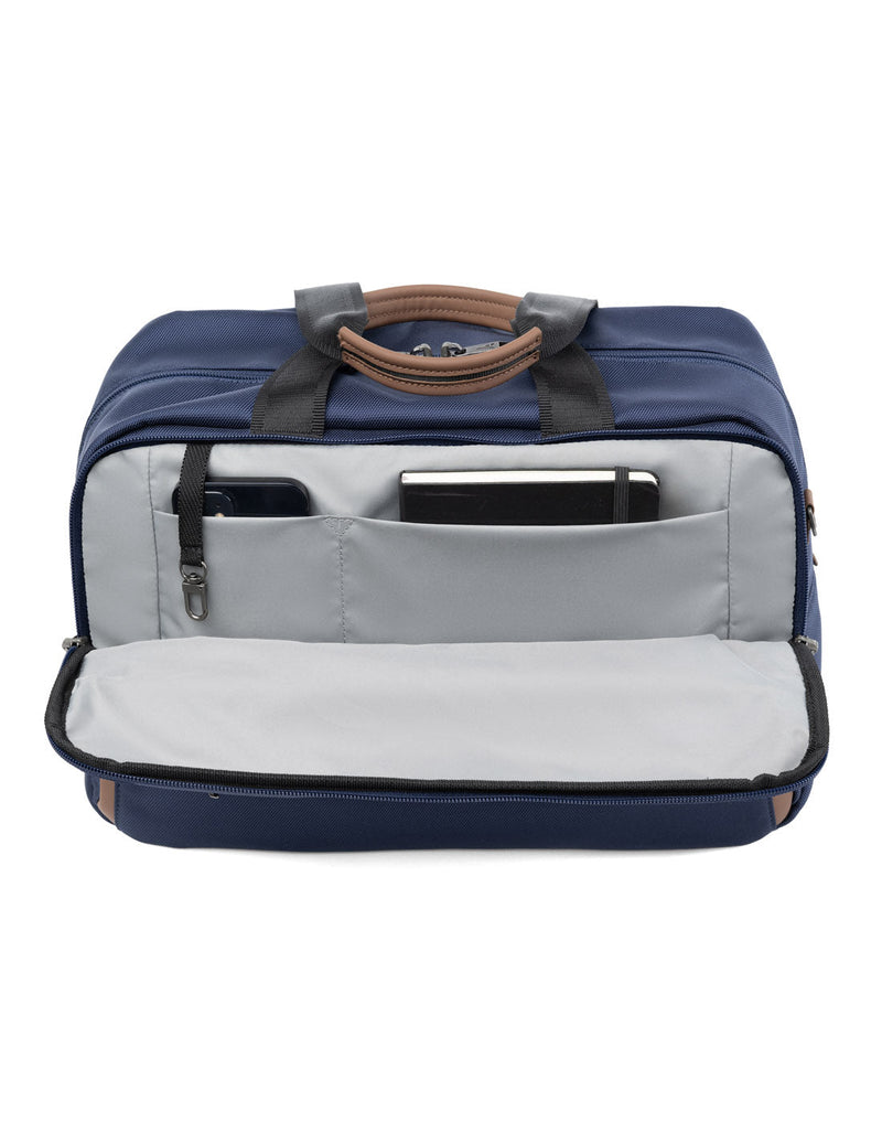Travelpro Crew™ Classic UnderSeat Tote in Patriot Blue, inside view of the unzipped front exterior pocket.