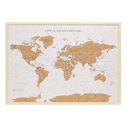 Travel Board Large World Map, framed cork map, front view